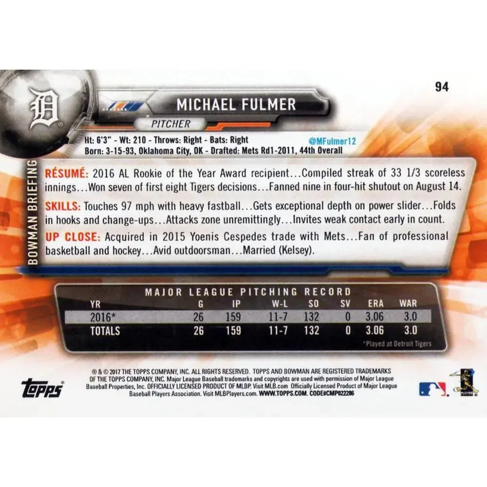 2017 Bowman Michael Fulmer # 94 Detroit Tigers